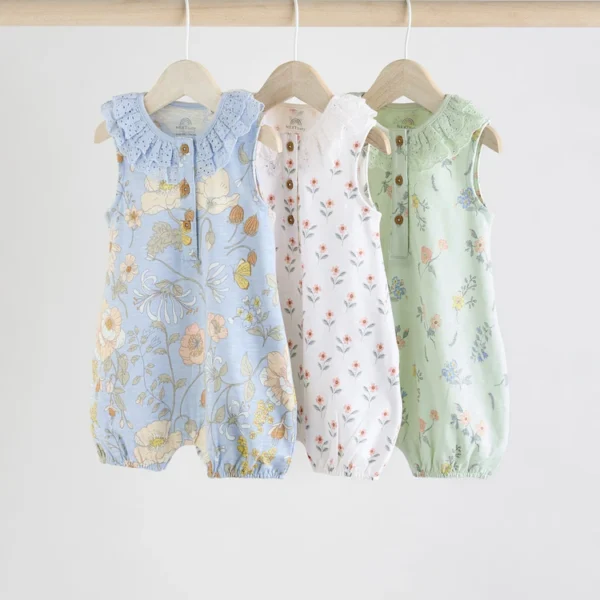 Floral Printed Broderie 3-Pack Baby Short Rompers