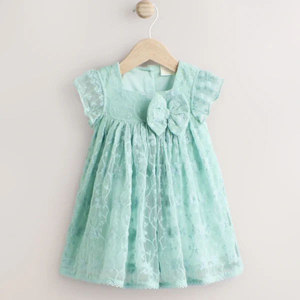Sage Green Broderie Mesh Bow Baby Dress