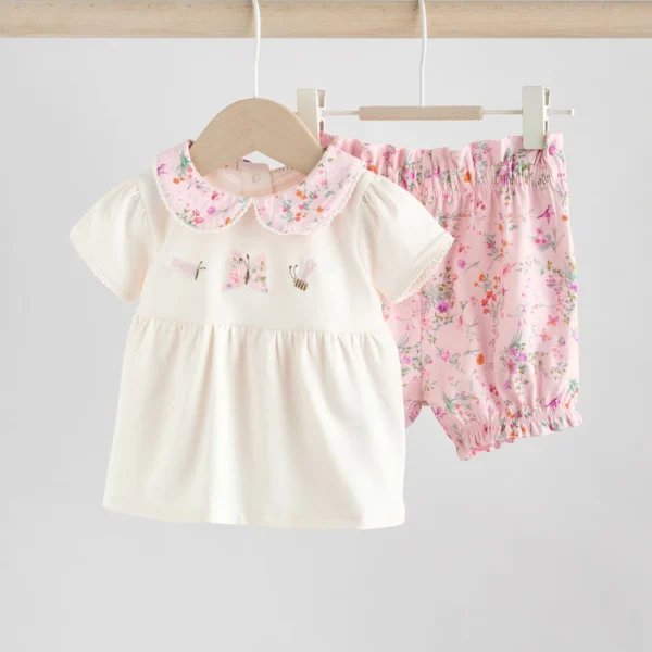 Pink & White Butterfly Short Sleeve Baby Top and Shorts Set (2-Piece)