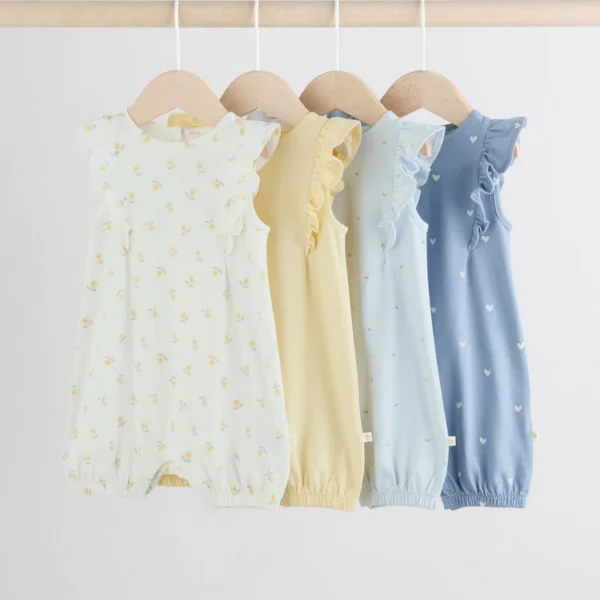 Blue and White Floral Printed Baby Short Romper (4-Pack)