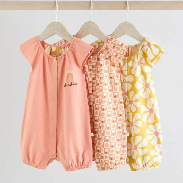 Coral Pink Embroidered  Baby Short Rompers (3-Pack)
