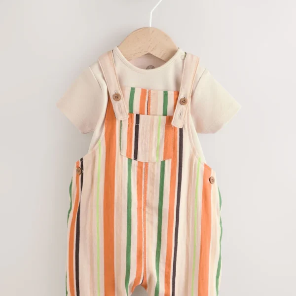 Rust Stripe Woven Dungaree and Bodysuit Set