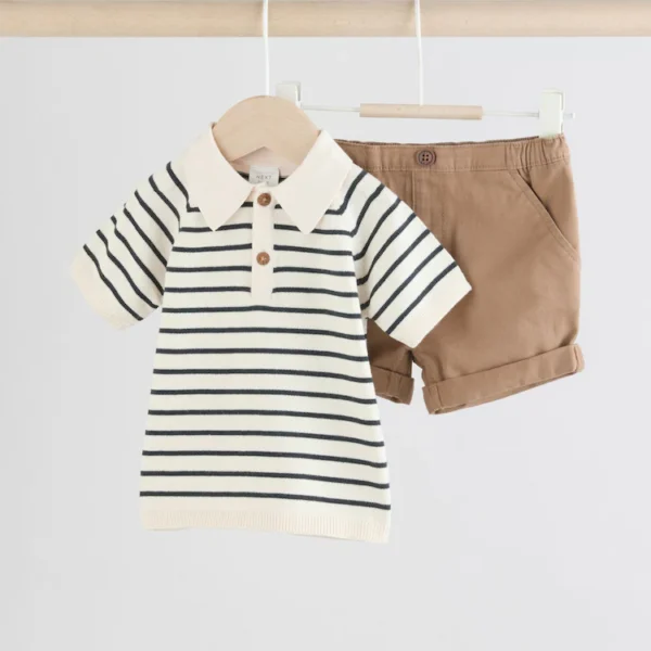 Navy/Camel Baby Knitted Top and Shorts Set