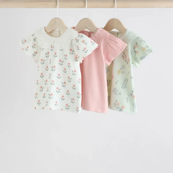 Pink and White Floral Baby Jersey Short Sleeve Tops – 3 Pack