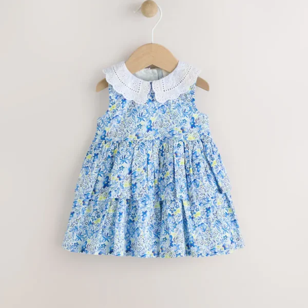 Blue Floral Baby Frill Collar Tiered 100% Cotton Dress