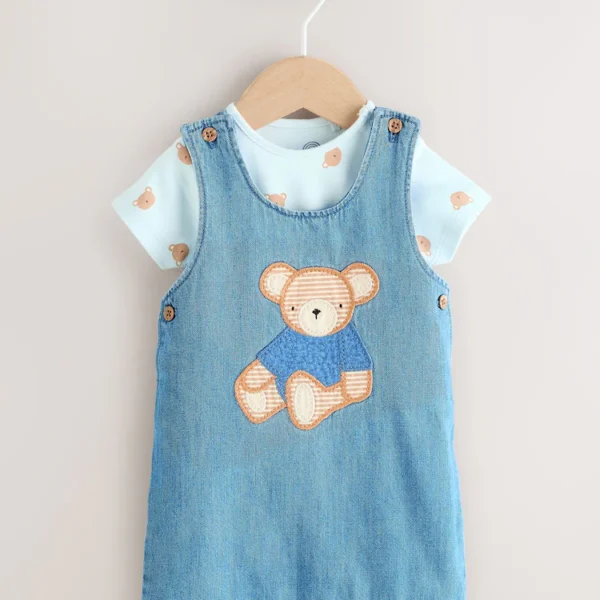 Blue Bear Woven Dungaree and Bodysuit Set