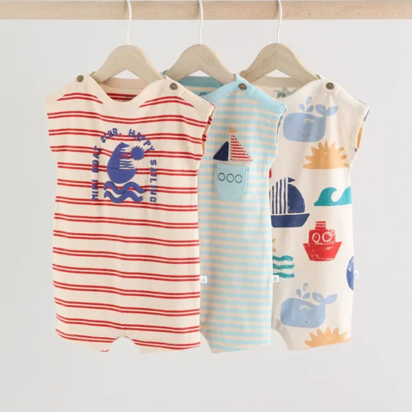 Blue & White Rompers – Short Sleeve 3 Pack