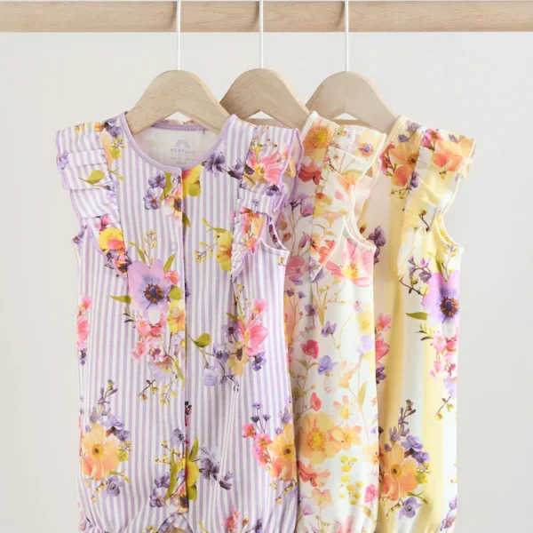 Multi Bright Floral Printed Baby 3-Pack Short Rompers