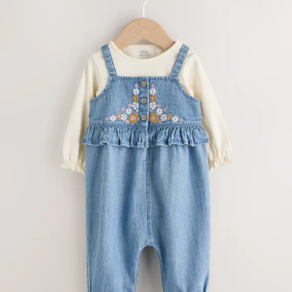 Blue Embroidered Denim Baby Long Sleeve Bodysuit & Dungaree Set