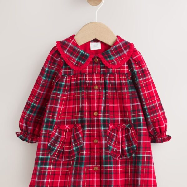 Red Check Baby Collar Long Sleeve Dress