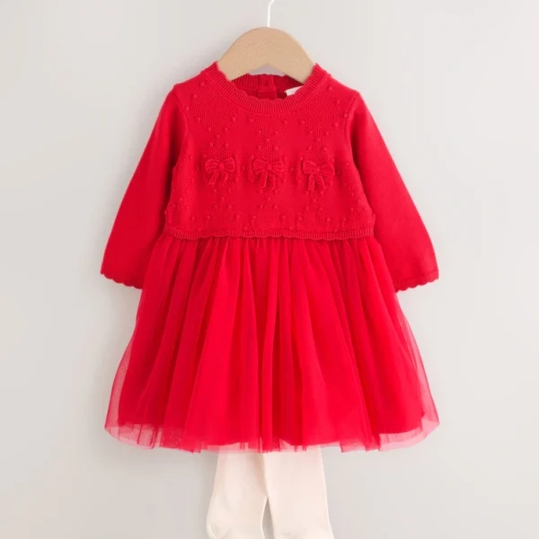 Red Twofer Knitted Mesh Baby Dress and Tights 2 Piece Set