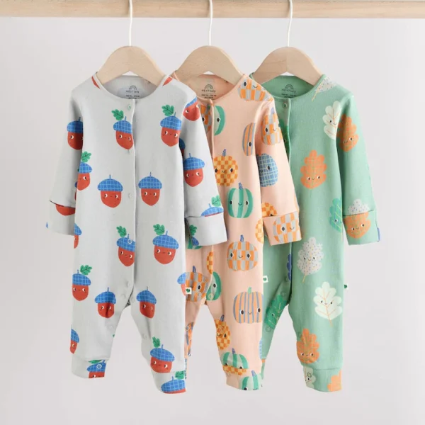 Green Autumn Pumpkin Baby Footless Sleepsuits – Pack of 3