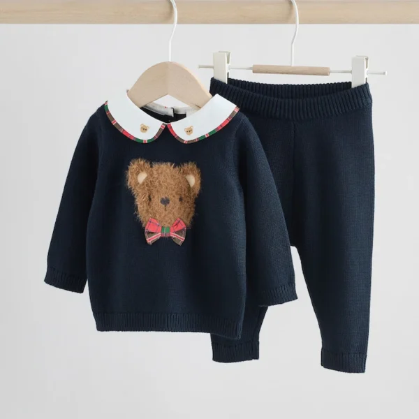 Navy Bear Knitted Jumper and Leggings Baby Set