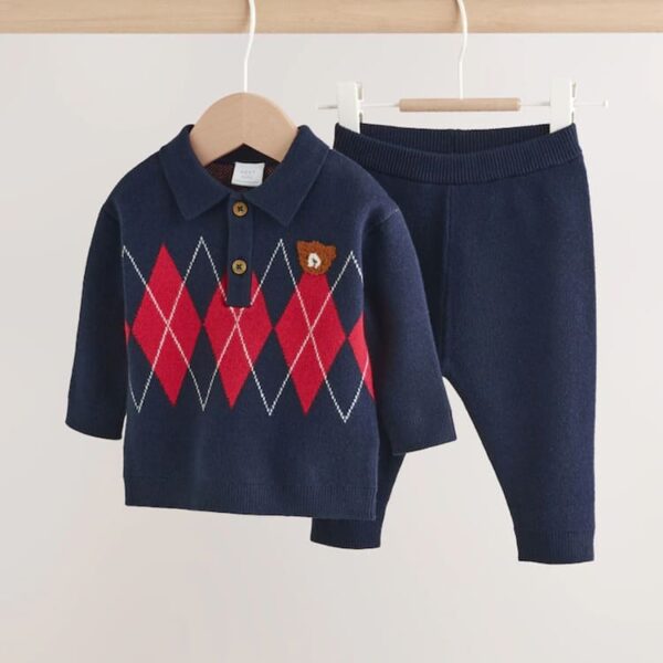 Blue and Red Argyle Baby Knitted Top and Leggings Set