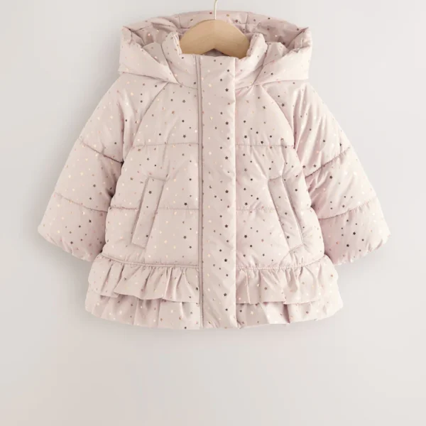 Pink Shower Resistant Padded Coat With Frill Hem