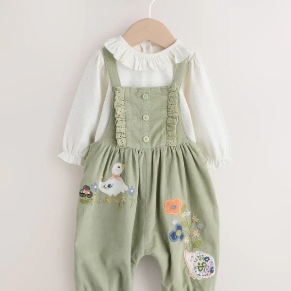 Sage Green Embroidered Long Sleeve Bodysuit and Cord Dungaree 2 Piece Baby Set