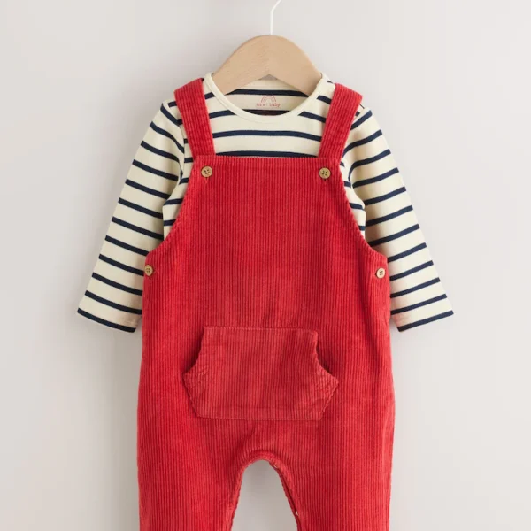 Red Cord Dungarees and Bodysuit Set